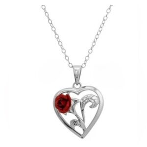 Sterling Silver Heart Pendant Necklace with Red Rose